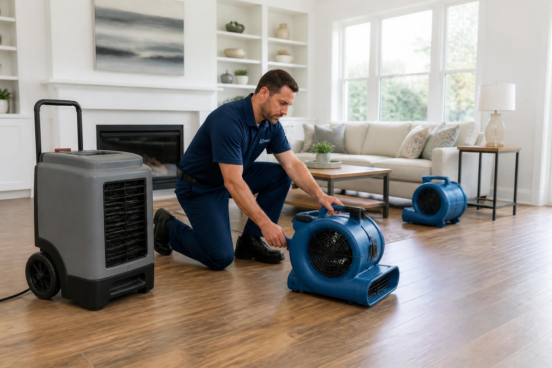 Restoration technician placing professional drying equipment in a bright dry living room